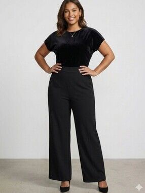 Express Women's Short Sleeve Black Crew Neck Wide Leg Jumpsuit-XL